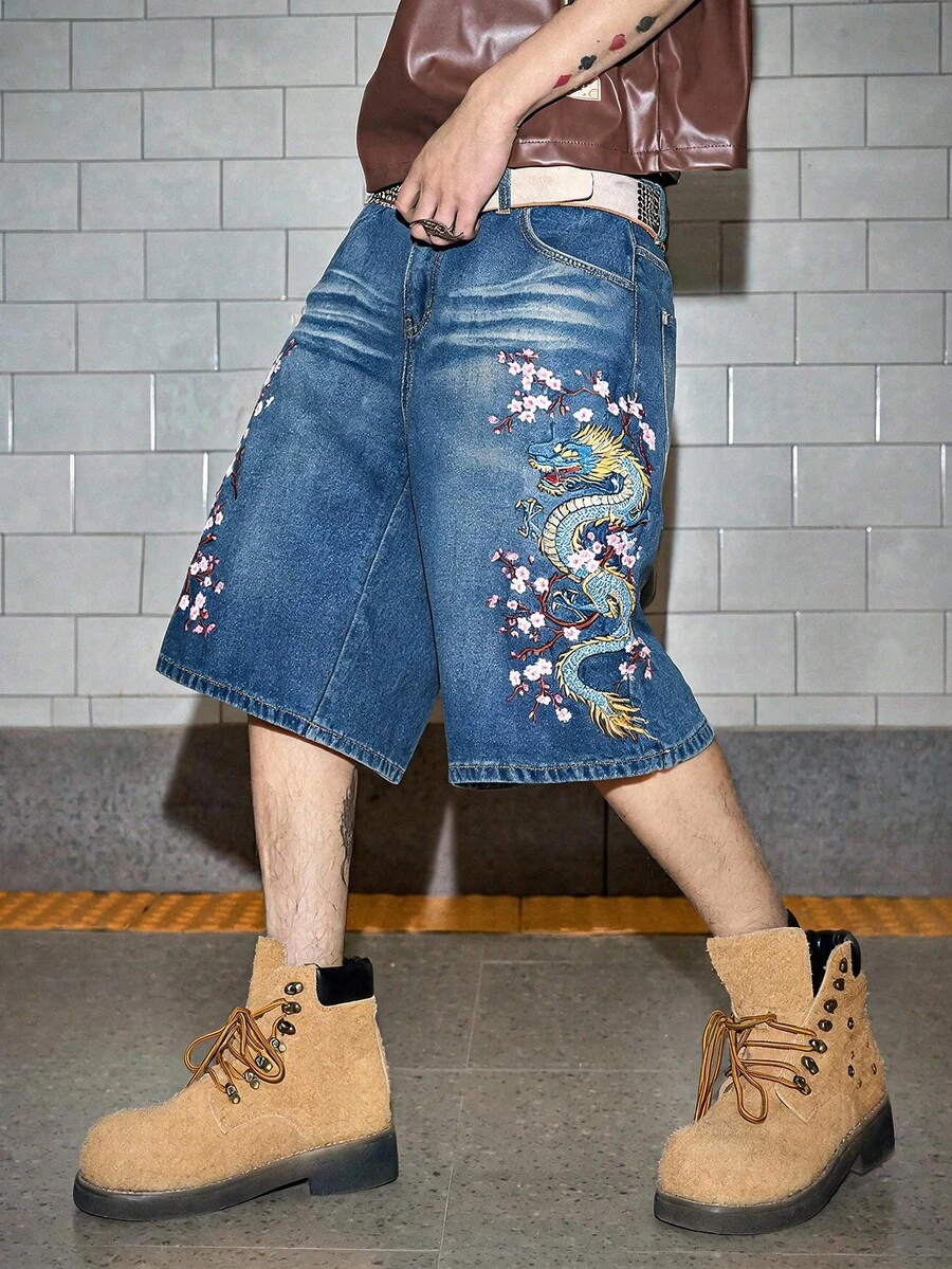 ROMWE MEN 女士花卉龙纹口袋休闲牛仔短裤 - 藍色 - 查看 1