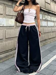 Coolane 女款夏季街頭風運動休閒運動服，黑色與粉色拼接條紋紋理裝飾寬腿運動長褲，適合健身房運動、日常休閒與畢業照拍攝 - 彩色 - 查看 5
