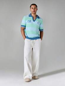 SUMWON Boxy Fit Fuzzy Knit Stripe Polo With Embroidery Short Sleeve V-Neck Collared Summer Sweater Top - Multicolor - View 7