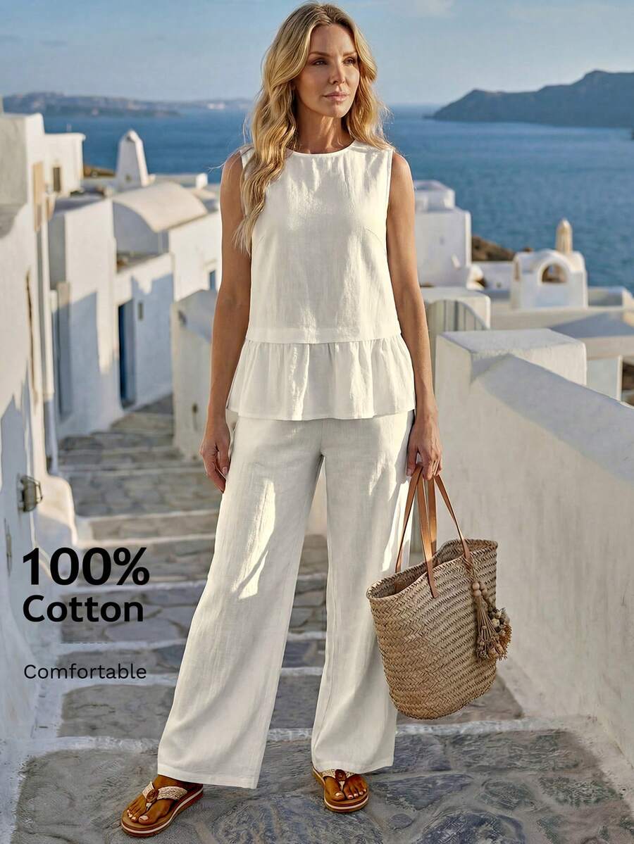 Faunlyn Women's Solid Color Vacation Ruffle Hem Tank Top And Pants 2 Pieces Set Vacation Apricot Summer Casual Vacation Vacation Vacation - Apricot - View 1