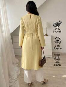 Elenzga Kemeja Wanita Model Lilitan dengan Hem Asimetris Warna Polos - Kuning - View 2