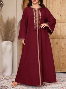 Al Najma 大尺碼女款時尚度假刺繡阿拉伯傳統長洋裝 - 酒紅色 - 查看 4