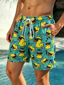 Surfspeed Pantalones cortos de playa con cordón en la cintura y estampado de pato de dibujos animados para hombre de talla grande - Verde - Ver 4