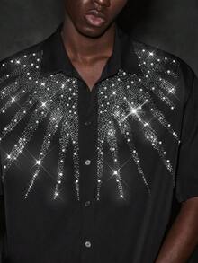 NEON BLANC Camisa casual de manga corta con pedrería y abotonadura sencilla para hombre - Negro - Ver 6
