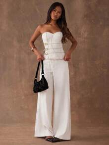 SHEIN BAE Top de denim tipo bustier de unicolor con diseño de botones, versátil y casual para una cita - Blanco - Ver 6