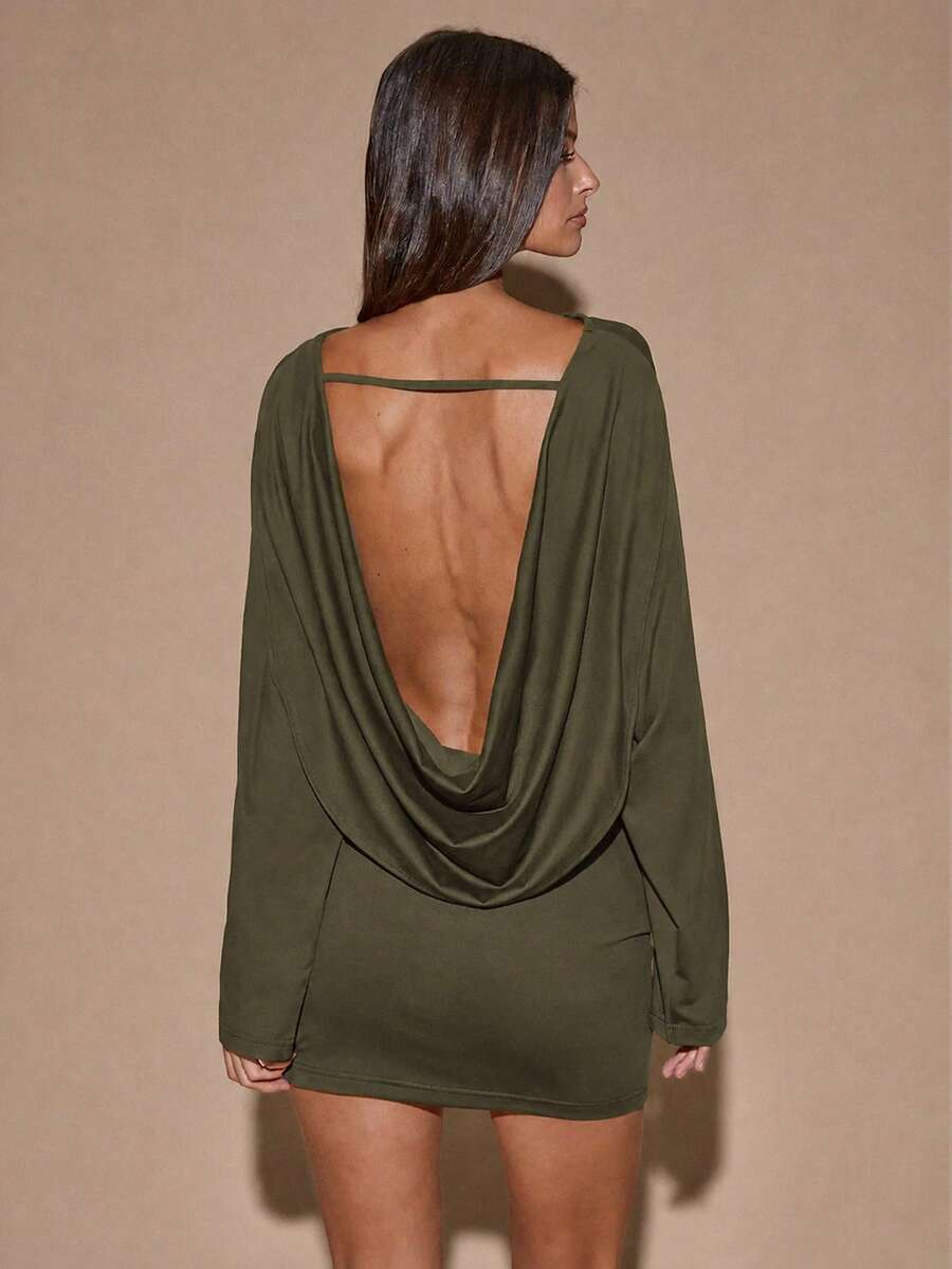 SHEIN BAE 秋冬純色咖啡棕長袖寬鬆垂領露背性感迷你洋裝,適合雞尾酒會、浪漫約會、派對聚會、正式場合、婚禮伴娘禮服、晚裝、萬聖節洋裝、聖誕洋裝,咖啡棕色性感深垂領洋裝 - 軍綠色 - 查看 1