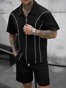 SLATEMANN 男士條紋短袖拉鍊領襯衫與短褲休閒套裝 - 黑色 - 查看 4