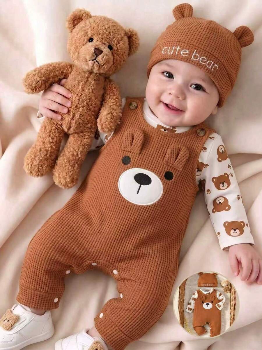 SHEIN Newborn Baby Boy's Brown Bear Long-Sleeve Romper Set Includes Bear-Embroidered Romper And Hat Autumn Fall Photoshoot Family Matching Cute