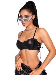 AltBold Classic Sexy Fashion Pioneer Punk Soft & Hard Balance Precision PU Contrast Lace Trim Side Tie Strappy Top Women's Lingerie Bra 1pc - Black - View 1