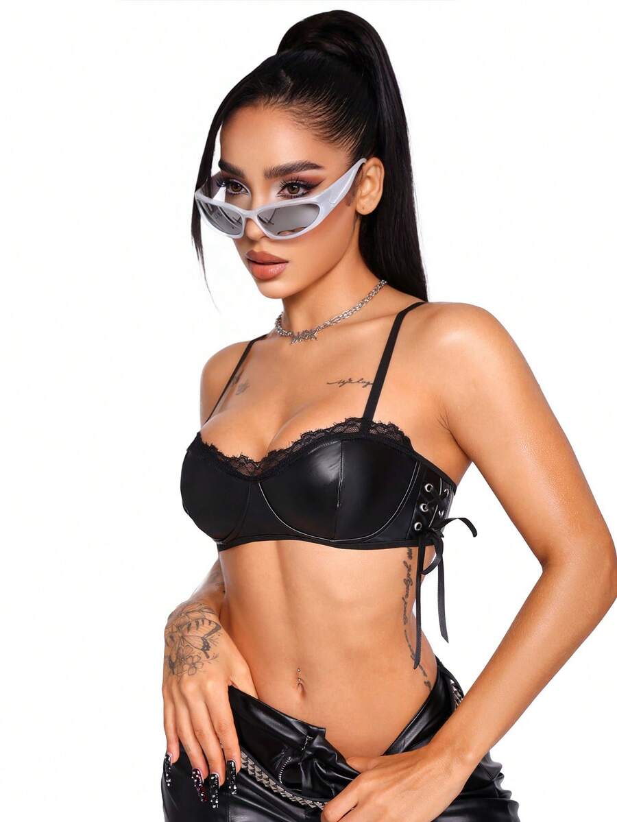 AltBold Classic Sexy Fashion Pioneer Punk Soft & Hard Balance Precision PU Contrast Lace Trim Side Tie Strappy Top Women's Lingerie Bra 1pc - Black - View 1