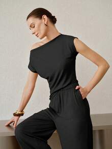 MOTF PREMIUM WOMEN'S CASUAL RUCHED ASYMMETRIC NECKLINE KNIT TOP & PANTS TWO PIECES SET - Black - View 7