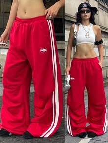 Coolane 女士夏季街头休闲运动风印花宽松红色裤子 - 紅色 - 查看 3
