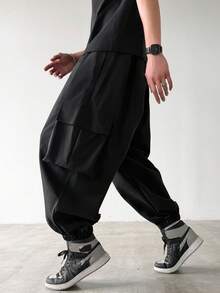 Manfinity Hypemode Plus Size Men's Loose Fit Cargo Pants With Drawstring Waist Vacation Holiday All Black Autumn Street - Black - View 5