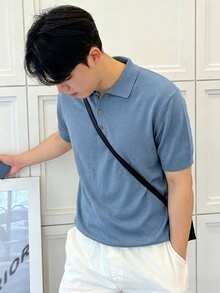 DAZY Summer Half-Button Solid Blue Commuter Men's Knit Top - Blue - View 5
