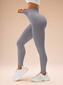 Easithlete 女款純色高腰日常健身運動緊身褲 - 淺灰紫 - 查看 3