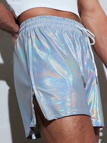 FeverCity Men's Drawstring Waist Laser Side Zipper Design Shorts - Silver - View 2