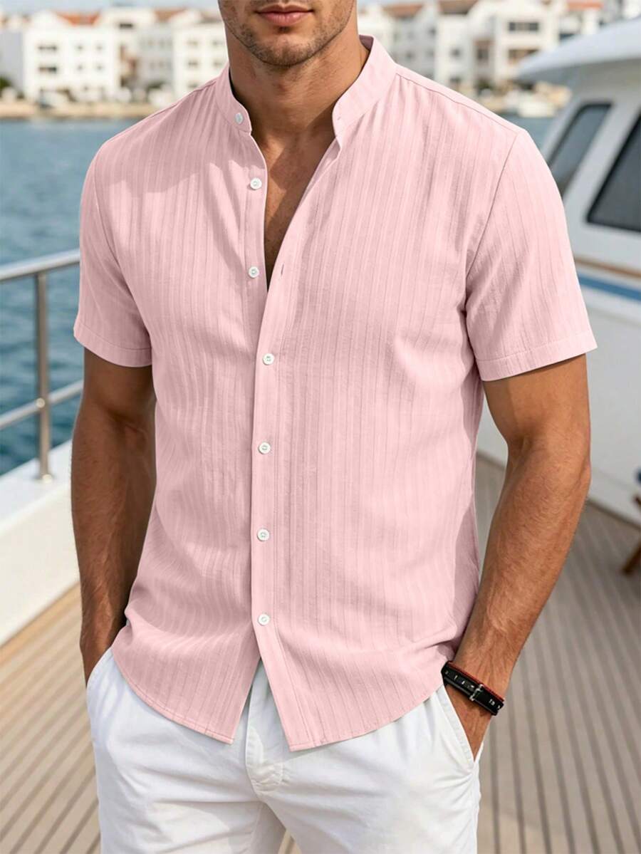 VENTUSAIL Men's Solid Colour Casual Short-Sleeve Shirt, Summer Vacation, Vintage Style For Men - Pink - View 1