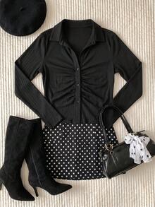 Comfortcana Casual Versatile Solid Color Long Sleeve Plus Size Women's T-Shirt Fall - Black - View 5