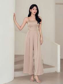 DAZY Jumpsuit Panjang Wanita Model French Design Musim Panas dengan Bagian Belakang Berongga, Pinggang Tinggi, Ramping, Bahu Terbuka, dan Tali Bahu Tipis, Cocok untuk Pernikahan, Kencan, Pesta, Makan Malam, Warna Beige - Berwarna merah muda - View 5