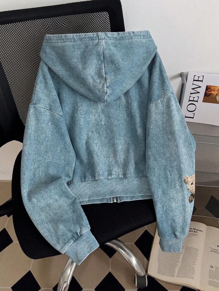 INAWLY Women's Cartoon Bear Print Zipper Front Drawstring Hooded Sweatshirt - Grey - View 2