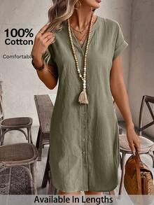 Comfylo Plus Size Casual Solid Color Front Button Dress Gym Brown - Army Green - View 6