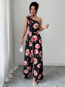 Elenzga 女士优雅休闲黑色露背玫瑰装饰无袖修身连体裤，春夏款 - 彩色 - 查看 8