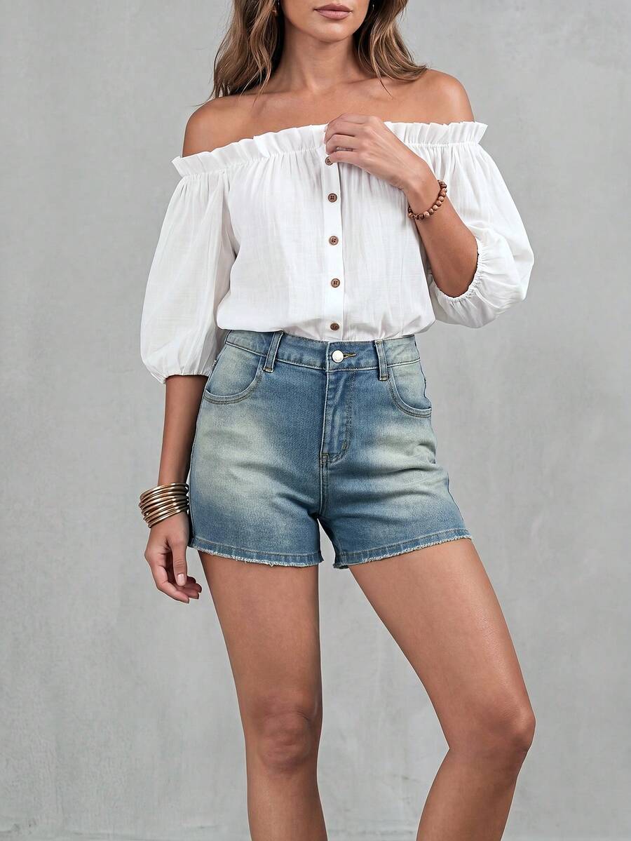 Balvessa Vacation Outfits Light Blue Frayed Casual Versatile Button Pocket Cuffed Hem Pleated High Waist A Line Outing Denim For Women - Medium Wash - View 1