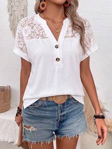 EMERY ROSE Nueva camiseta de moda casual básica con cuello en V, ribete de encaje, diseño de patchwork y botones en la parte delantera - Blanco - Ver 5