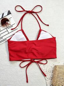 Swim SXY Solid Color Backless Halter Neck Swimsuit Top - Red - View 2