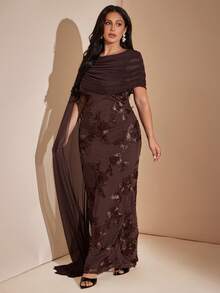 SHEIN BAE CURVE Plus Size Women's Brown 3D Floral Extra Long Dress,Wedding Formal Evening Dinner,Back To School,Party,Graduation,Going Out,Birthday,Elegant Autumn - Brown - View 5