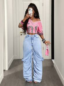 SHEIN VaVaLuxe Casual Streetwear Outdoor Ruched Design Women's Jeans Going Out Night Out Light Blue Summer - Blue - View 7
