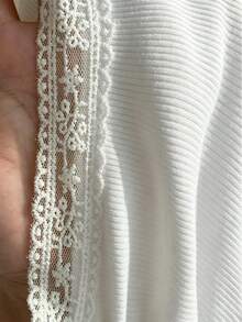 Vibekara Plus Size Fashion Versatile Hot Girl Solid Color Lace Patchwork Square Neck Short Sleeve Slimming T-Shirt Office Birthday White Summer Elegant - White - View 6