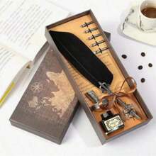 One Grey Retro Crown Feather Pen, With An Ink Pen Gift Box, Suitable For Dipping In Water For Use, Can Be Used As A Wedding Signature Pen Or A School Reunion Souvenir. - multicolor - View 1