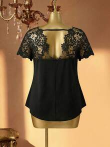 Rometta Blusa Para Mujer De Talla Grande Con Encaje Y Espalda Abierta - Negro - Ver 1