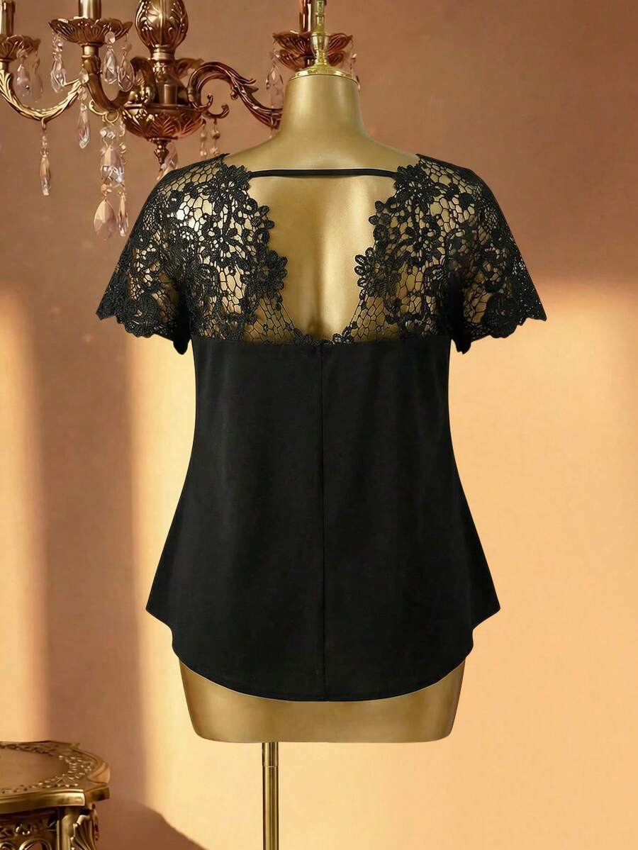 Rometta Blusa Para Mujer De Talla Grande Con Encaje Y Espalda Abierta - Negro - Ver 1