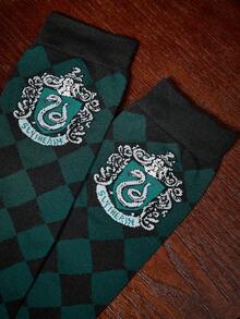 HARRY POTTER X SHEIN 1 عبوة من جوارب الركبة السوداء بنمط شارة الحروف، هدايا، العودة إلى الوطن - أخضر أسود - مشاهدة 3
