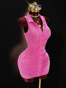 BamGleam Hot Girl Style Bright Pink Sleeveless Halter Neck Dress, Lapel Single Breasted Pleated Slim Fit Bodycon Mini Dress - Pink - View 5
