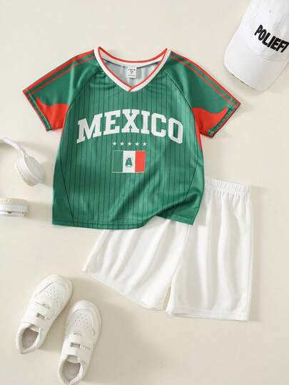 SHEIN Kids Young Boy/Girl, Young Boy 2pcs Spring/Summer Fashion V-Neck Short Sleeve T-Shirt And Shorts Set, Toddler Jersey, Mexico Jersey, Young Boy Summer Clothes, Outfits, Squishy