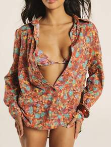 KSTM Floral Print Long Sleeve Button-Down Shirt Cover-Up Collared Oversized Beach Summer Vacation Top - Multicolor - View 3