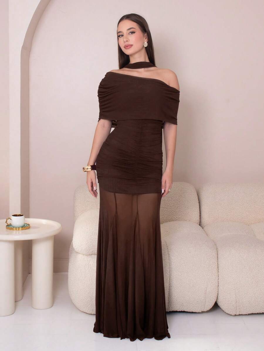 Duda Rubert 女款時尚通勤純色不對稱領洋裝,婚禮賓客禮服,情人節女款優雅夏季穿搭 - 咖啡棕 - 查看 1