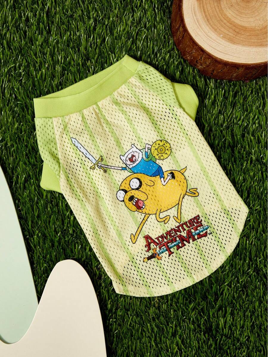 ADVENTURE TIME X PETSIN 1件可愛風騎士騎乘坐騎圖案寵物背心,綠色與白色條紋透氣彈性螺口柔軟防毛寵物衣 - 彩色 - 查看 1