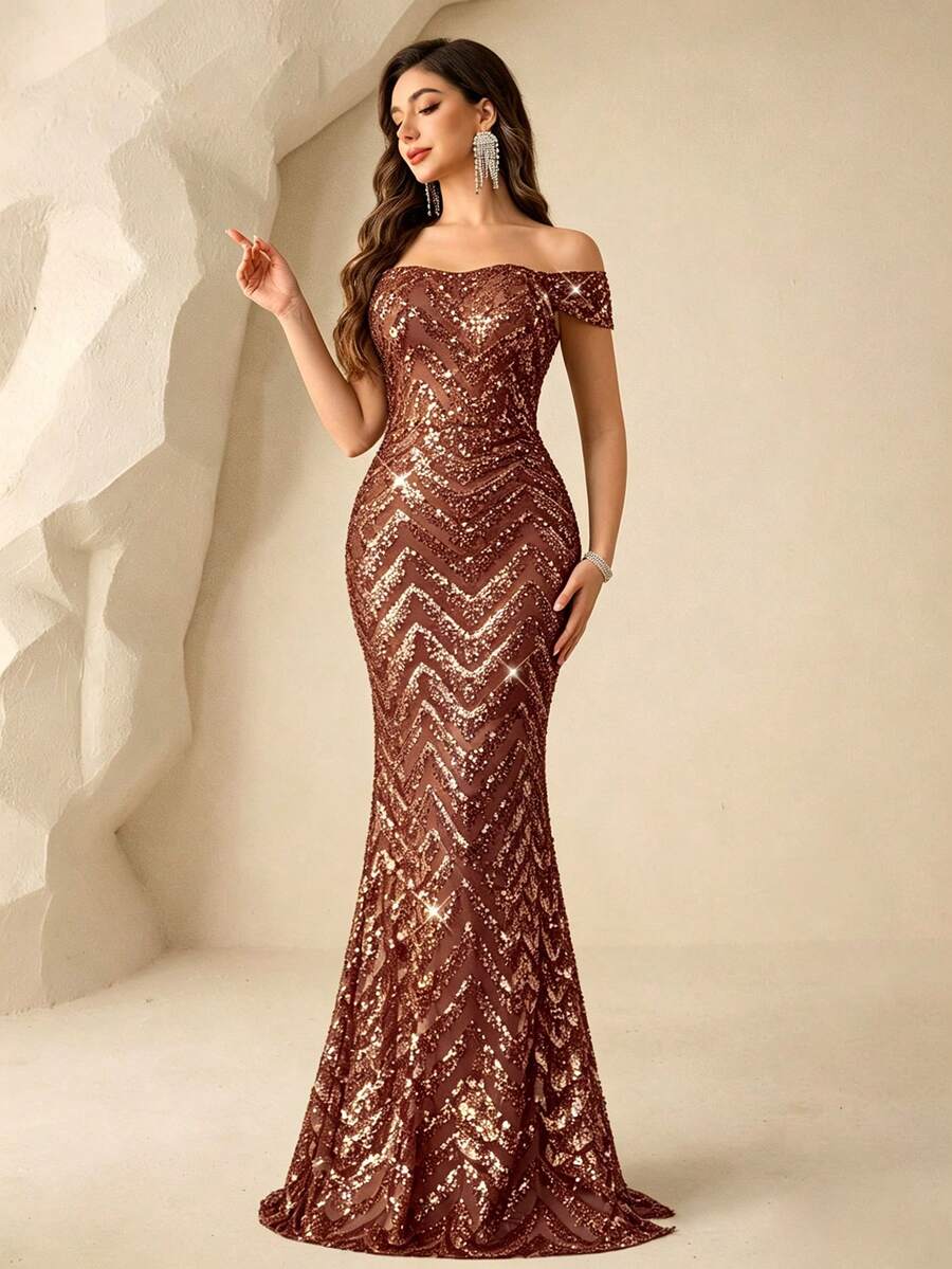 Coutiva Sequin Off-Shoulder Slit Elegant Evening Gown - Burnt Orange - View 1