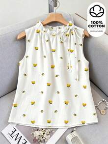 SHEIN PariChic Women's Spring/Summer Floral Print Fresh Fashion Drawstring Stand Collar Sleeveless Top - White - View 8