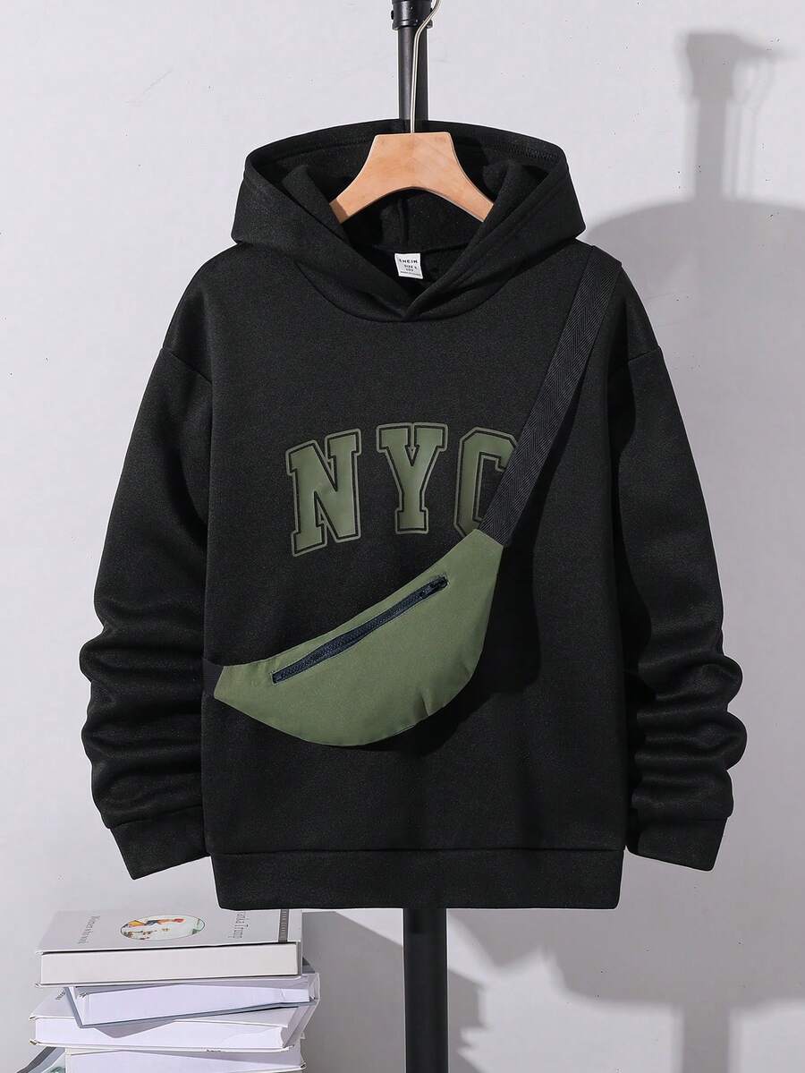 SHEIN 2 piezas/Set Sudadera con capucha de manga larga con estampado de letras casual para niños/adolescentes y bolsa de accesorios con patchwork colorido, adecuada para uso diario en otoño/invierno, deportes, salidas, escuela, fiestas, vacaciones, fotografía - Multicolor - Ver 1