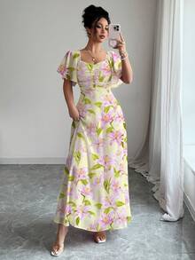 Modelyn Women's Chiffon Printed Batwing Sleeve Drawstring Sweet French Style Charming Dress, Spring/Summer - Yellow - View 6