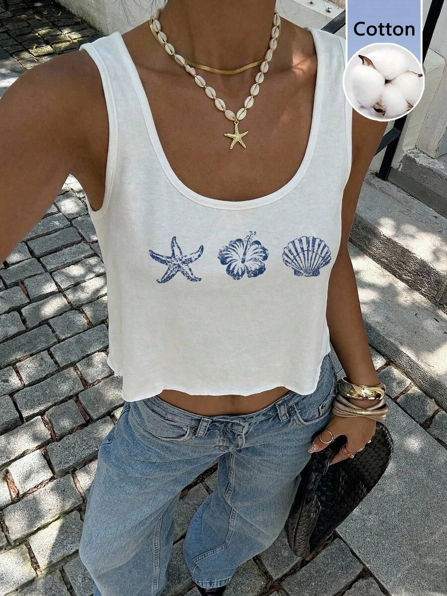SHEIN EZwear 休閒度假風藍色貝殼熱帶花卉圖案拼接印花女款寬鬆深U領短版背心,適合春夏穿著 - 白色 - 查看 1