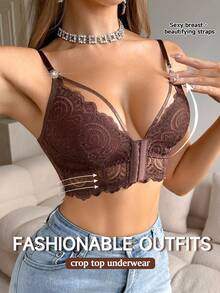 SHEIN 1 pieza Lencería romántica con cierre frontal de encaje - Café integral - Ver 3