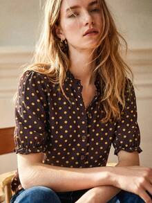 Écloséra Women's Elegant Commuter Blouse French Style Ruffle Trim Polka Dot Contrast Color Print Short Sleeve Versatile Blouse Spring Summer - Brown - View 5