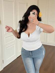 Vibekara Plus Size Fashion Versatile Hot Girl Solid Color Lace Patchwork Square Neck Short Sleeve Slimming T-Shirt Office Birthday White Summer Elegant - White - View 4