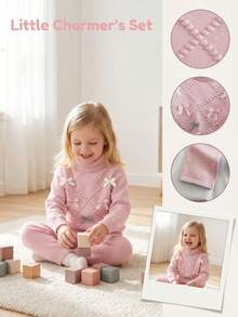 SHEIN Vintaside Kids 女童休閒公主娃娃風粉色花卉蝴蝶結尖擺高領針織毛衣＋寬腿褲兩件套，秋季穿搭 - 粉色 - 查看 9